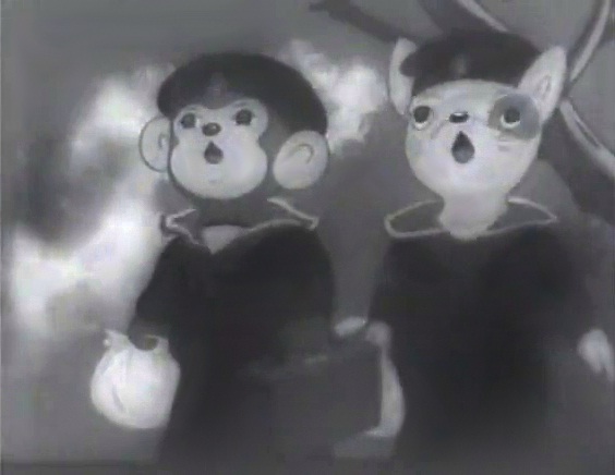 early Japanese anime movie showing two drawn animals