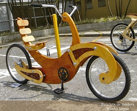 two wheeled wooden bicycle